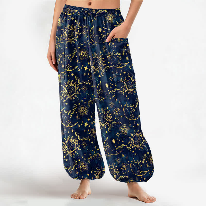 Buddha Stones Cotton Celestial Sun Moon Star Pattern Women's Elastic Waist Harem Pants With Side Pockets - Navy - US16，UK/AU20，EU48 (3XL) - image 0