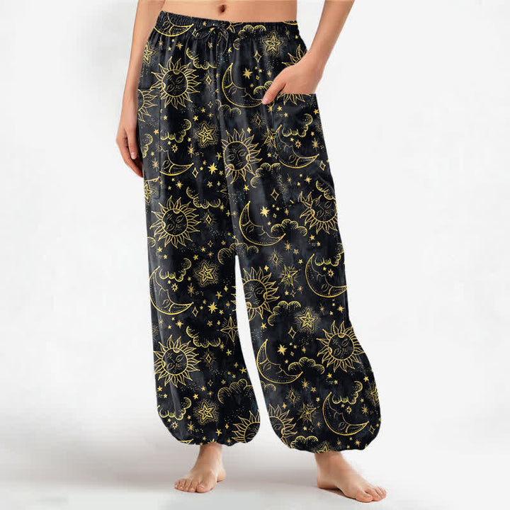Buddha Stones Cotton Celestial Sun Moon Star Pattern Women's Elastic Waist Harem Pants With Side Pockets - Black - US16，UK/AU20，EU48 (3XL) - image 7