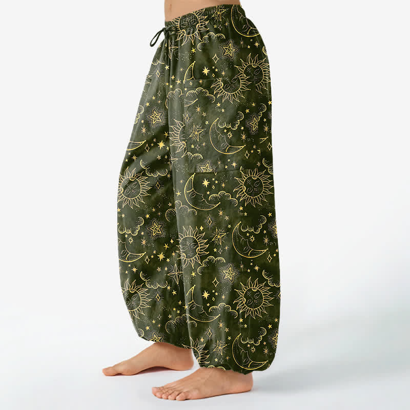 Buddha Stones Cotton Celestial Sun Moon Star Pattern Women's Elastic Waist Harem Pants With Side Pockets - DarkOliveGreen - US16，UK/AU20，EU48 (3XL) - image 10