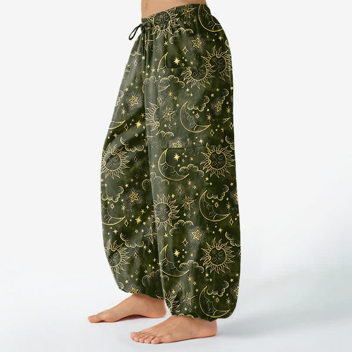 Buddha Stones Cotton Celestial Sun Moon Star Pattern Women's Elastic Waist Harem Pants With Side Pockets - DarkOliveGreen - US16，UK/AU20，EU48 (3XL) - image 10