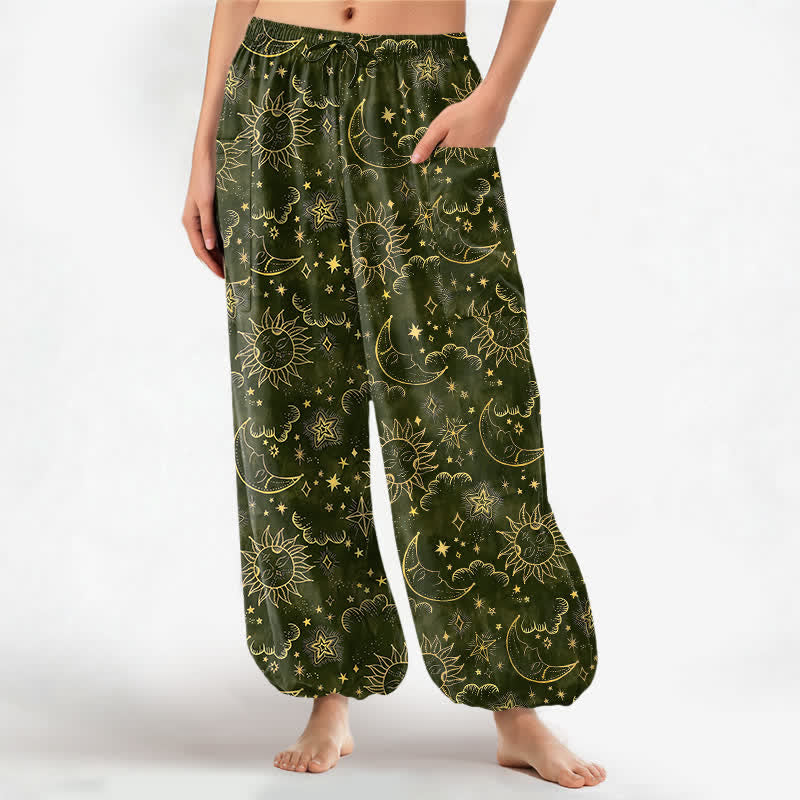 Buddha Stones Cotton Celestial Sun Moon Star Pattern Women's Elastic Waist Harem Pants With Side Pockets - image 11