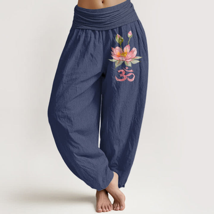 Buddha Stones Pure Cotton Pink Lotus Om Pattern Women's Elastic Waist Harem Pants - DarkSlateBlue - US16，UK/AU20，EU48 (3XL) - image 5