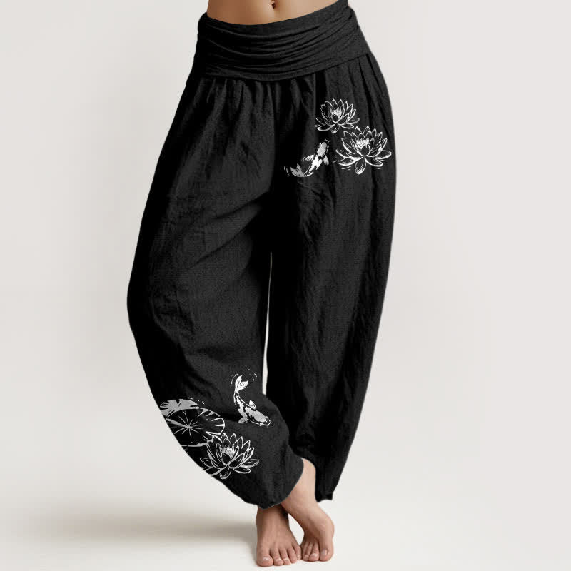 Buddha Stones Pure Cotton Koi Lotus Pattern Women's Elastic Waist Harem Pants - Black - US16，UK/AU20，EU48 (3XL) - image 0