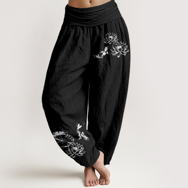 Buddha Stones Pure Cotton Koi Lotus Pattern Women's Elastic Waist Harem Pants - Black - US16，UK/AU20，EU48 (3XL) - image 0
