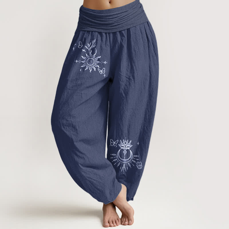 Buddha Stones Pure Cotton Butterfly Sun Lotus Moon Pattern Women's Elastic Waist Harem Pants - DarkSlateBlue - US16，UK/AU20，EU48 (3XL) - image 5