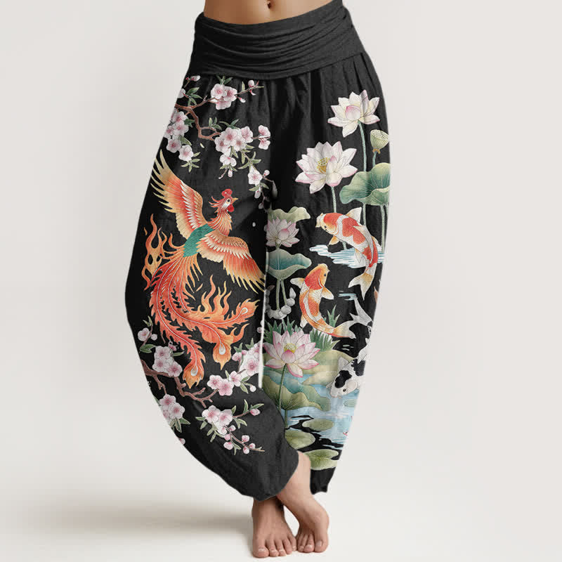 Buddha Stones Cotton Phoenix Koi Lotus Pattern Women's Elastic Waist Harem Pants - Black - US16，UK/AU20，EU48 (3XL) - image 0