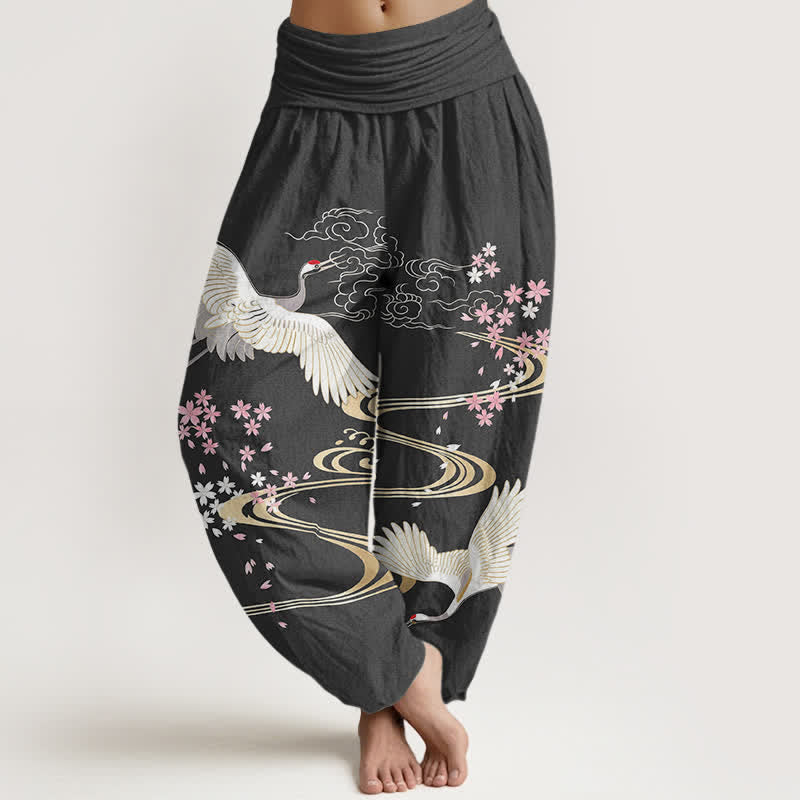 Buddha Stones Cotton Crane Sakura Pattern Women's Elastic Waist Harem Pants - DimGray - US16，UK/AU20，EU48 (3XL) - image 0