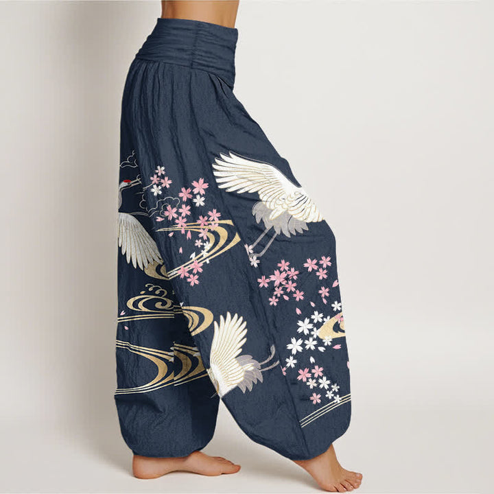 Buddha Stones Cotton Crane Sakura Pattern Women's Elastic Waist Harem Pants - image 9