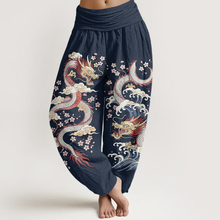 Buddha Stones Cotton Dragon Wave Blossom Pattern Women's Elastic Waist Harem Pants - Navy - US16，UK/AU20，EU48 (3XL) - image 0