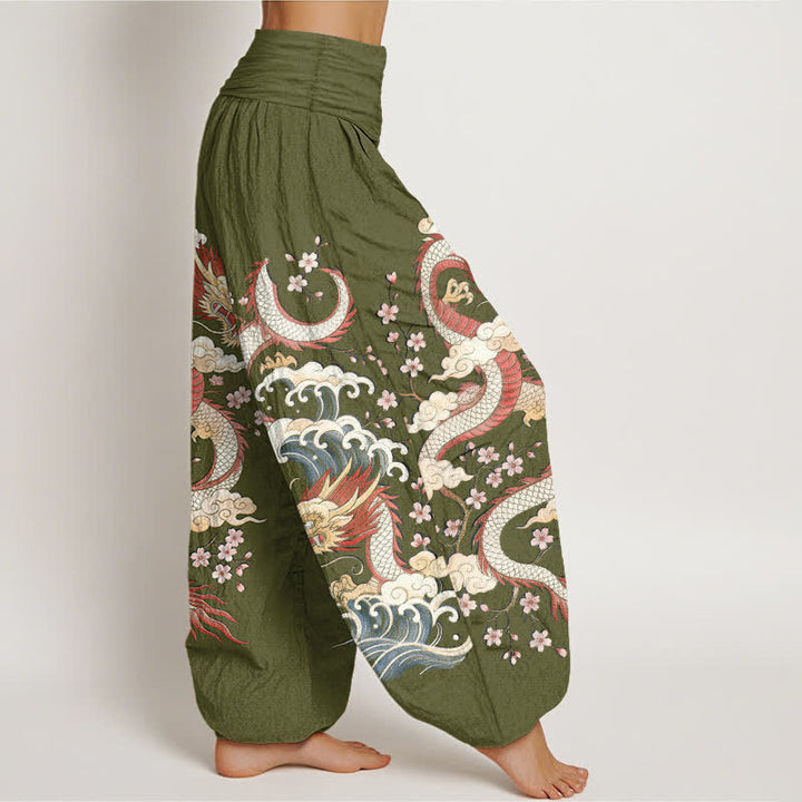 Buddha Stones Cotton Dragon Wave Blossom Pattern Women's Elastic Waist Harem Pants - image 6