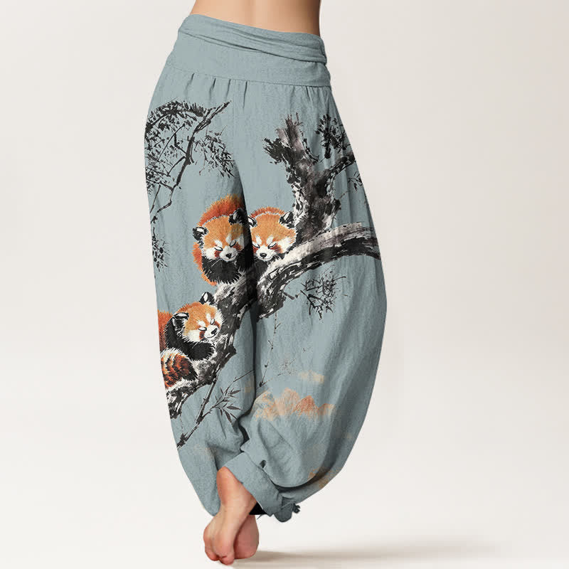 Buddha Stones Cotton Ink Bamboo Red Panda Pattern Women's Elastic Waist Harem Pants - image 9
