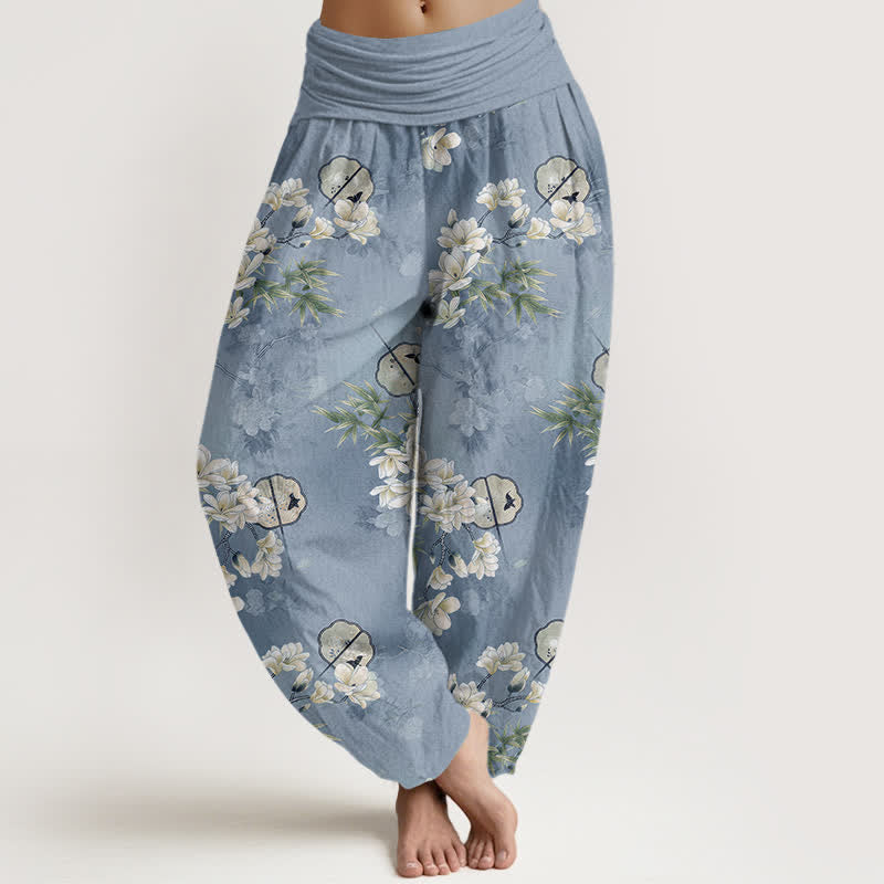 Buddha Stones Cotton Fans White Blossom Leaf Pattern Women's Elastic Waist Harem Pants - LightSkyBlue - US16，UK/AU20，EU48 (3XL) - image 0