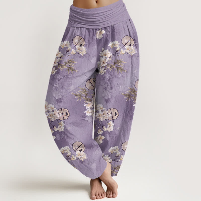 Buddha Stones Cotton Fans White Blossom Leaf Pattern Women's Elastic Waist Harem Pants - MediumPurple - US16，UK/AU20，EU48 (3XL) - image 5