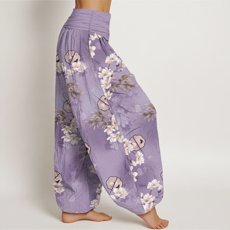 Buddha Stones Cotton Fans White Blossom Leaf Pattern Women's Elastic Waist Harem Pants - image 6