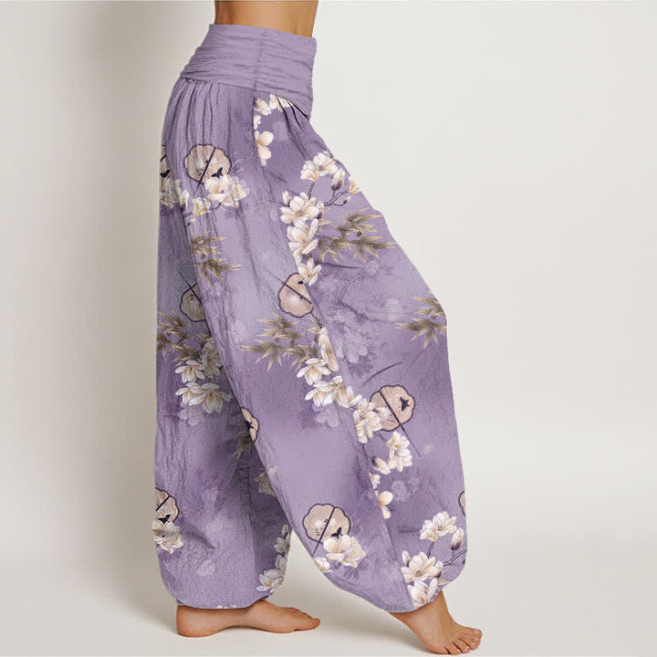 Buddha Stones Cotton Fans White Blossom Leaf Pattern Women's Elastic Waist Harem Pants - image 6