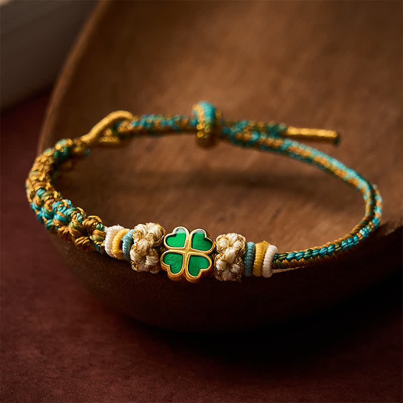 Buddha Stones Hand-Woven Multicolor Peach Blossom Heart-Shaped Green Four Leaf Clover Luck Rope Bracelet - Green(Wrist Circumference: 5.9-7.5 in / 15-19cm) - image 0