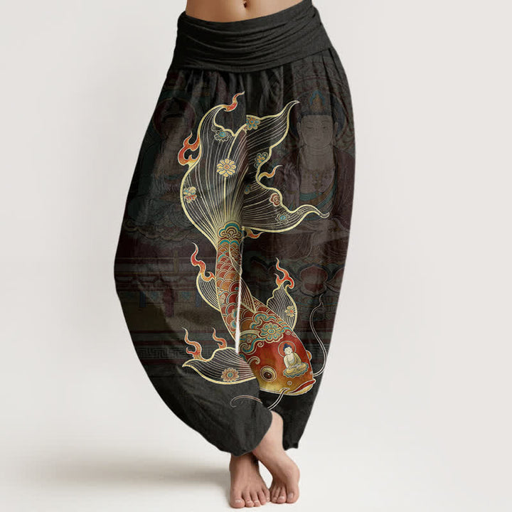 Buddha Stones Cotton Koi Fish Guanyin Pattern Women's Elastic Waist Harem Pants - Black - US16，UK/AU20，EU48 (3XL) - image 0