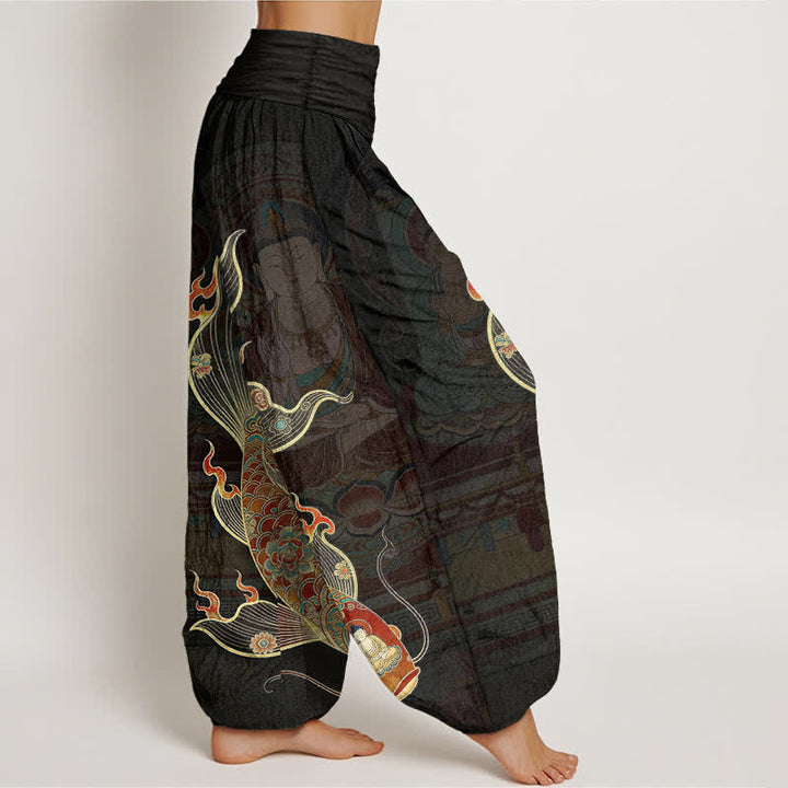 Buddha Stones Cotton Koi Fish Guanyin Pattern Women's Elastic Waist Harem Pants - image 2