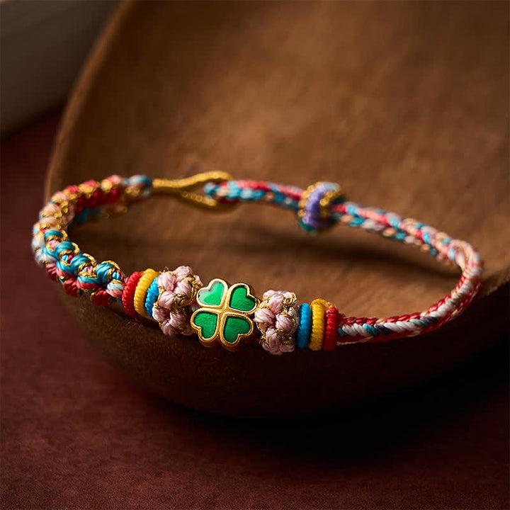 Buddha Stones Hand-Woven Multicolor Peach Blossom Heart-Shaped Green Four Leaf Clover Luck Rope Bracelet - image 13