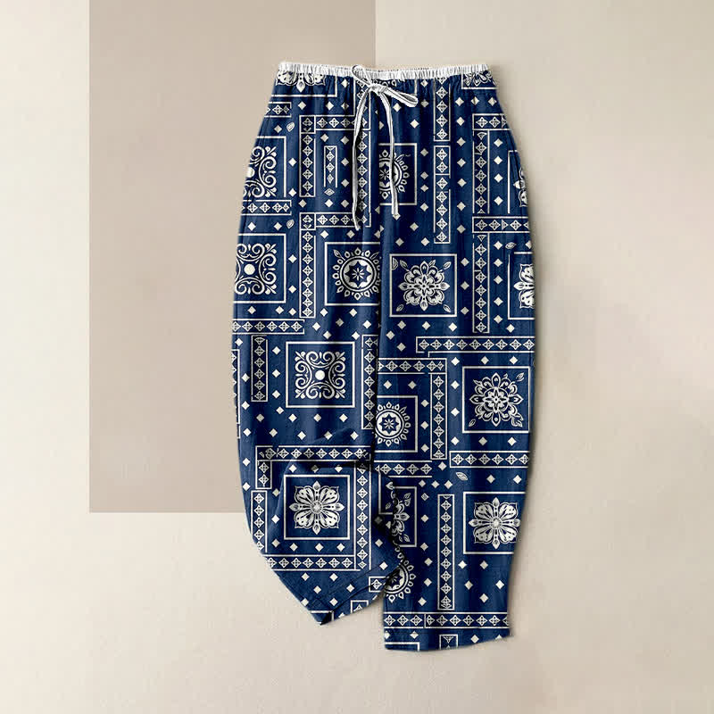 Buddha Stones Pure Cotton Vintage Bandana Patchwork Pattern Women's Elastic Waist Pants With Pockets - Navy - US16，UK/AU20，EU48 (3XL) - image 4