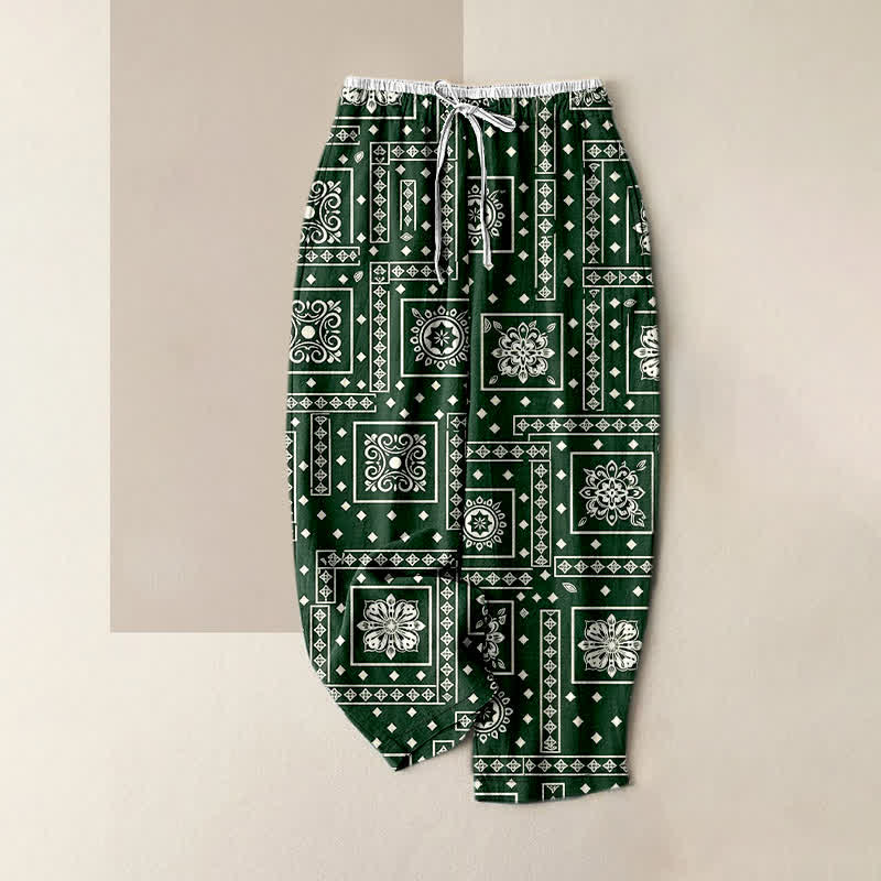 Buddha Stones Pure Cotton Vintage Bandana Patchwork Pattern Women's Elastic Waist Pants With Pockets - ForestGreen - US16，UK/AU20，EU48 (3XL) - image 5