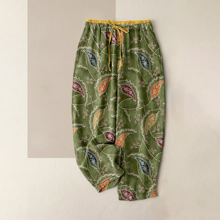 Buddha Stones Pure Cotton Ethnic Floral Paisley Pattern Women's Elastic Waist Pants With Pockets - OliveDrab - US16，UK/AU20，EU48 (3XL) - image 0