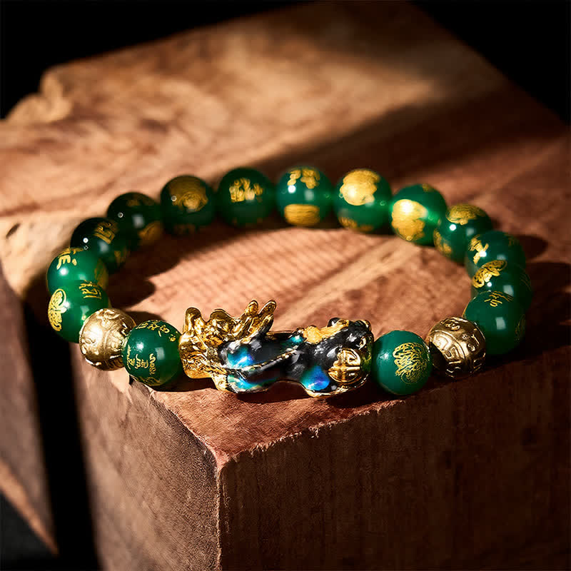 Buddha Stones Natural Green Agate Om Mani Padme Hum Color Change PiXiu Success Bracelet - image 3