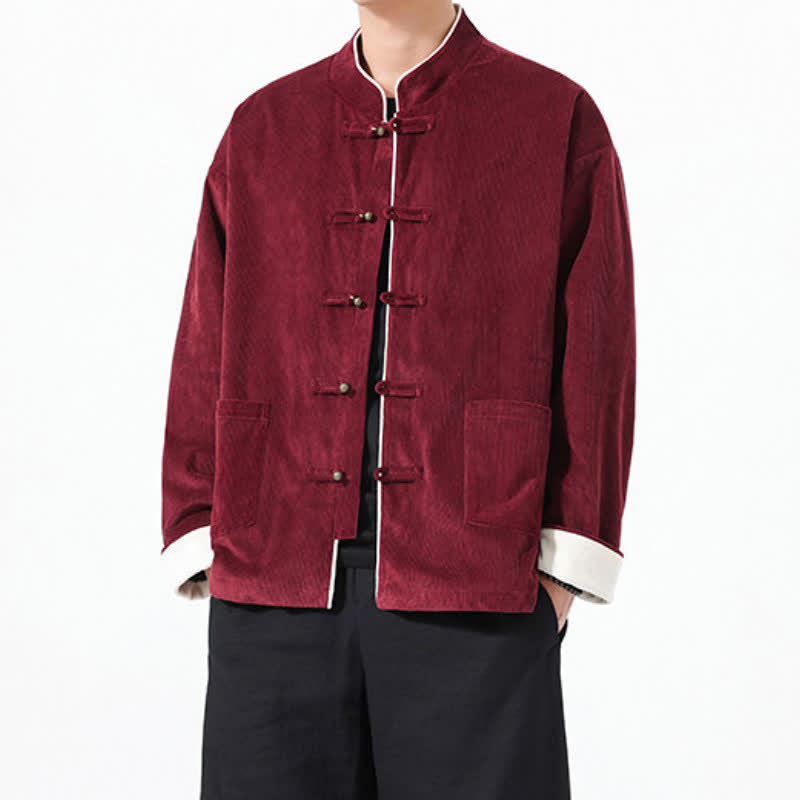 Buddha Stones Fall Winter Vintage Tang Style Frog Button Solid Corduroy Men's Jackets With Pockets - image 1