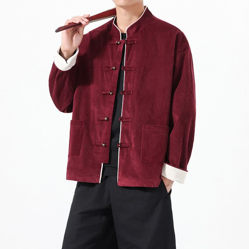 Buddha Stones Fall Winter Vintage Tang Style Frog Button Solid Corduroy Men's Jackets With Pockets - Maroon - US/UK/AU46，EU56 (5XL) - image 0