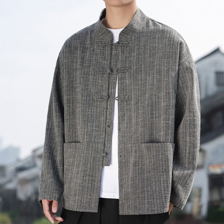 Buddha Stones Fall Winter Tang Style Casual Frog Button Solid Men's Jacket With Pockets - image 3