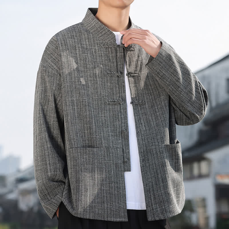 Buddha Stones Fall Winter Tang Style Casual Frog Button Solid Men's Jacket With Pockets - image 2