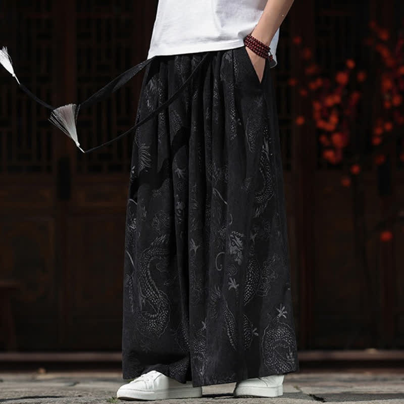 Buddha Stones Fall Winter Vintage Drawstring Dragon Ankle Pants Men's Wide Leg Pants With Pockets - image 14