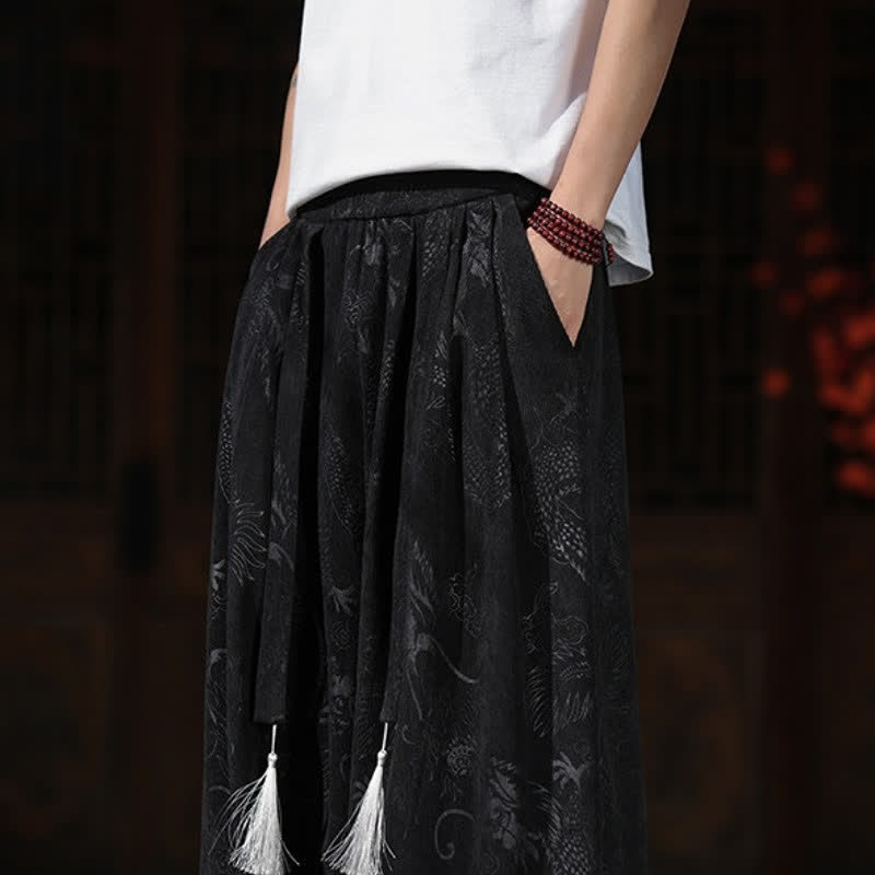 Buddha Stones Fall Winter Vintage Drawstring Dragon Ankle Pants Men's Wide Leg Pants With Pockets - image 19