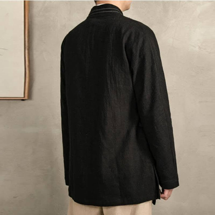 Buddha Stones Fall Tang Style Vintage Drawstring Solid Ramie Men's Kimonos - image 16