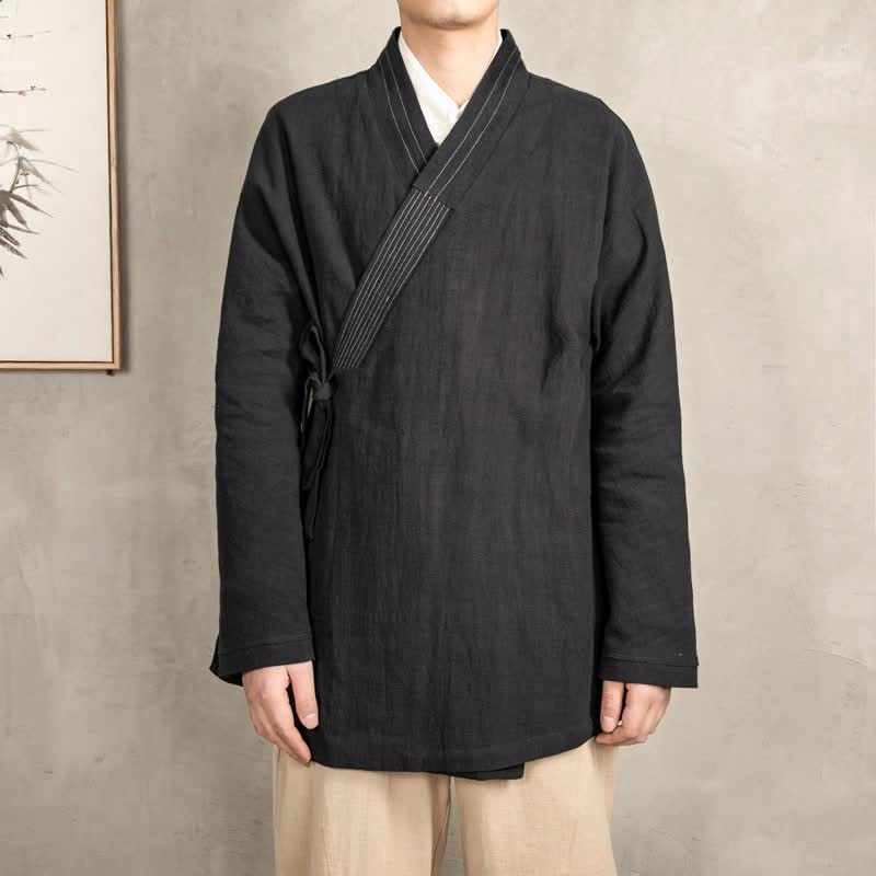 Buddha Stones Fall Tang Style Vintage Drawstring Solid Ramie Men's Kimonos - image 11