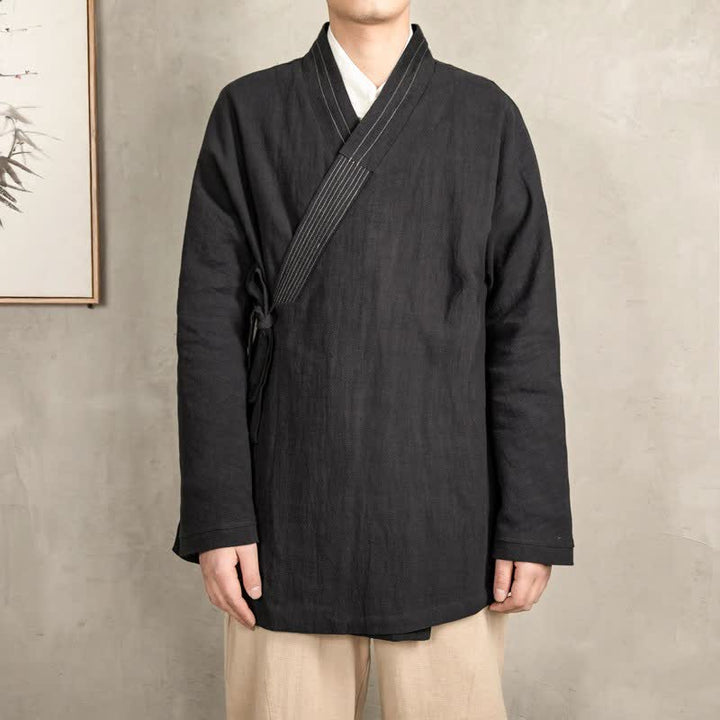 Buddha Stones Fall Tang Style Vintage Drawstring Solid Ramie Men's Kimonos - image 11