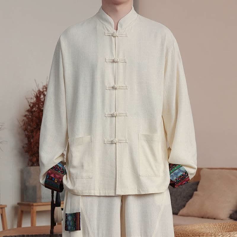 Buddha Stones Fall Tang Style Casual Frog Button Solid Cotton Linen Men's Long Sleeve Shirts With Pocket - AntiqueWhite - US/UK/AU46，EU56 (5XL) - image 12