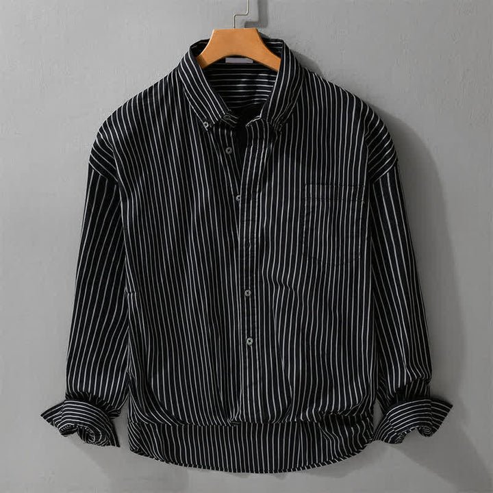 Buddha Stones Spring Fall Casual Button-Up Striped Cotton Men's Long Sleeve Shirts With Pocket - Black - US/UK/AU42，EU52 (3XL) - image 0