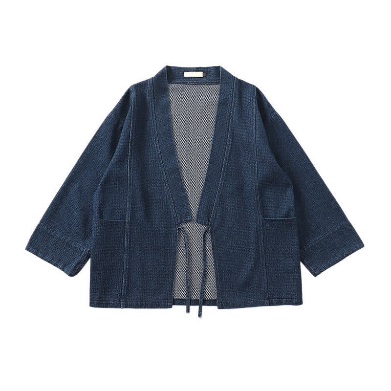 Buddha Stones Fall Casual Minimalist Drawstring Solid Cotton Linen Men's Kimonos With Pocket - image 3