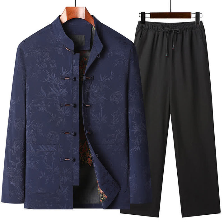 Buddha Stones Fall Winter Tang Style Vintage Mandarin Collar Frog Button Floral Men's Meditation Cloth With Pocket - Navy blue set - US/UK/AU44，EU54 (4XL) - image 4