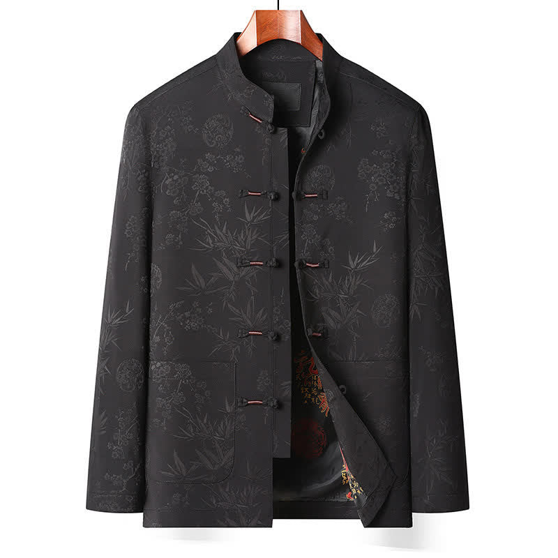 Buddha Stones Fall Winter Tang Style Vintage Mandarin Collar Frog Button Floral Men's Meditation Cloth With Pocket - Black top - US/UK/AU44，EU54 (4XL) - image 3