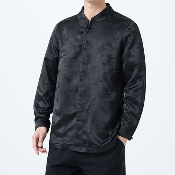Buddha Stones Fall Vintage Tang Style Mandarin Collar Floral Men's Long Sleeve Shirts - image 2