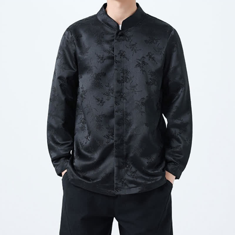 Buddha Stones Fall Vintage Tang Style Mandarin Collar Floral Men's Long Sleeve Shirts - image 3