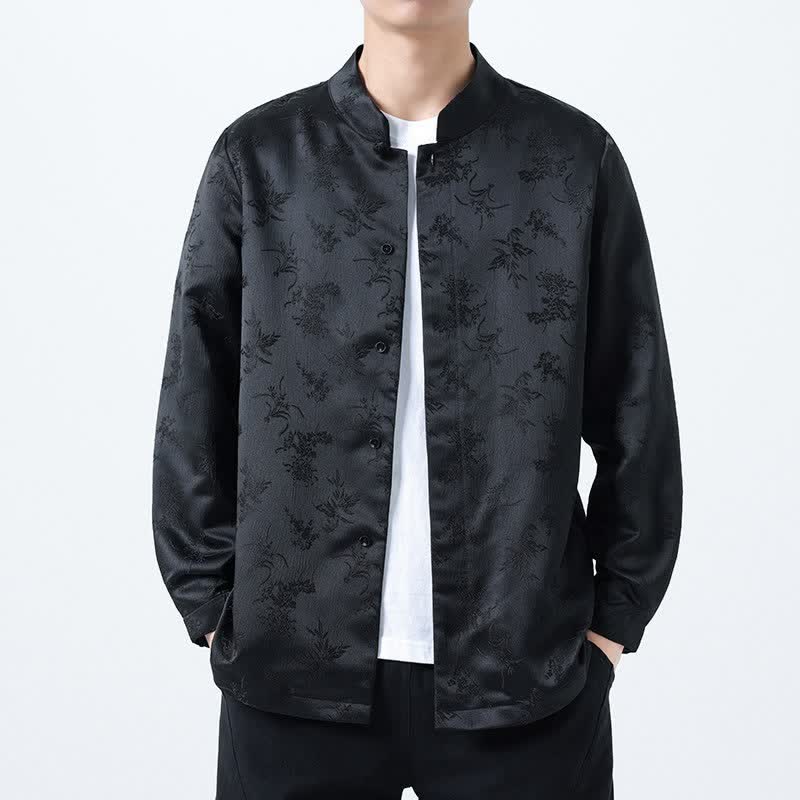 Buddha Stones Fall Vintage Tang Style Mandarin Collar Floral Men's Long Sleeve Shirts - image 1