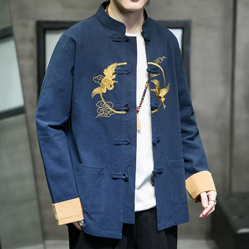 Buddha Stones Fall Winter Tang Style Vintage Frog Button Crane Clouds Embroidery Pattern Cotton Men's Jacket With Pockets - image 20