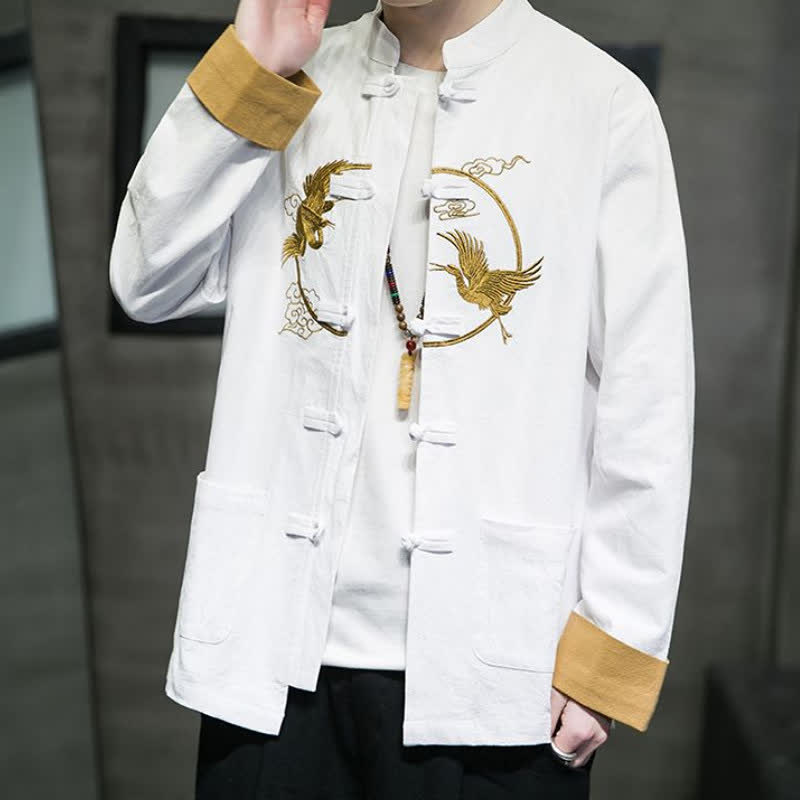 Buddha Stones Fall Winter Tang Style Vintage Frog Button Crane Clouds Embroidery Pattern Cotton Men's Jacket With Pockets - image 34