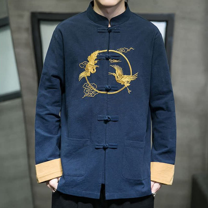 Buddha Stones Fall Winter Tang Style Vintage Frog Button Crane Clouds Embroidery Pattern Cotton Men's Jacket With Pockets - image 18