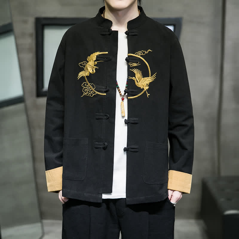 Buddha Stones Fall Winter Tang Style Vintage Frog Button Crane Clouds Embroidery Pattern Cotton Men's Jacket With Pockets - image 23