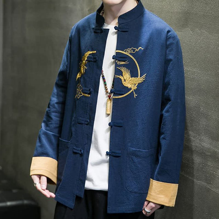 Buddha Stones Fall Winter Tang Style Vintage Frog Button Crane Clouds Embroidery Pattern Cotton Men's Jacket With Pockets - image 22