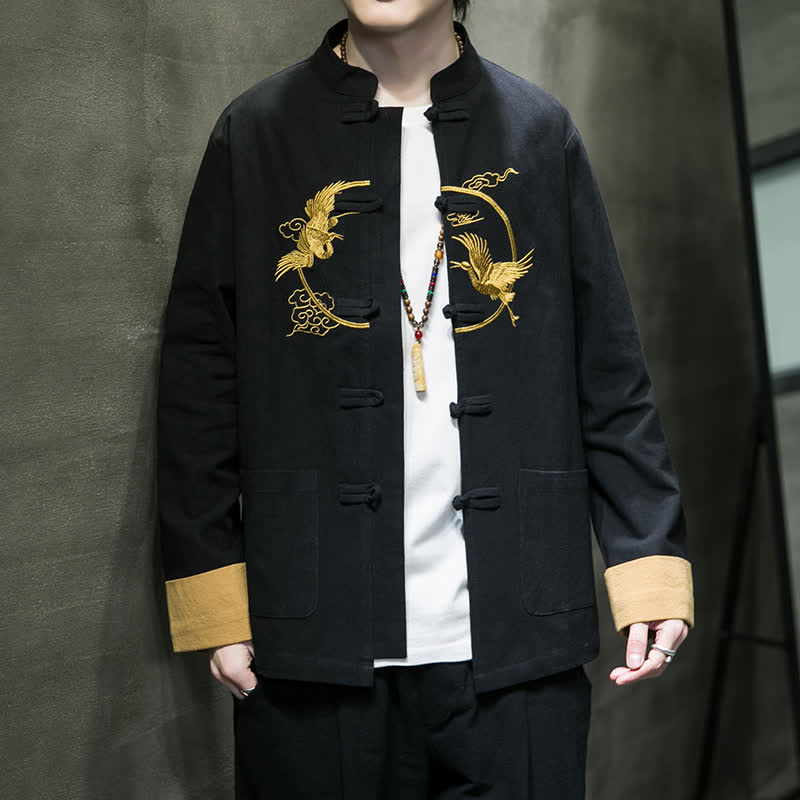 Buddha Stones Fall Winter Tang Style Vintage Frog Button Crane Clouds Embroidery Pattern Cotton Men's Jacket With Pockets - image 24